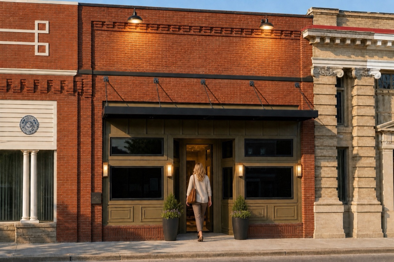 AI-created scene of a visitor arriving at the 202 North Defiance Street wellness building